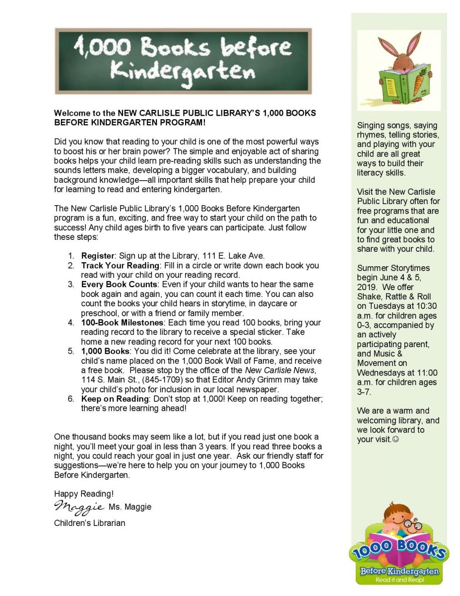 Information about 1,000 Books Before Kindergarten.  Call 845-3601 for more information.