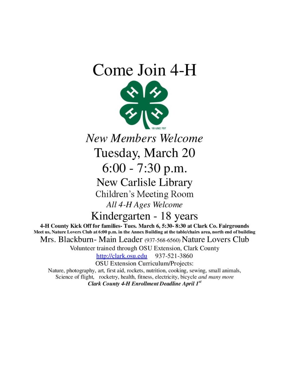 4-H Club Enrollment Flyer Call 845-3601 for more information.