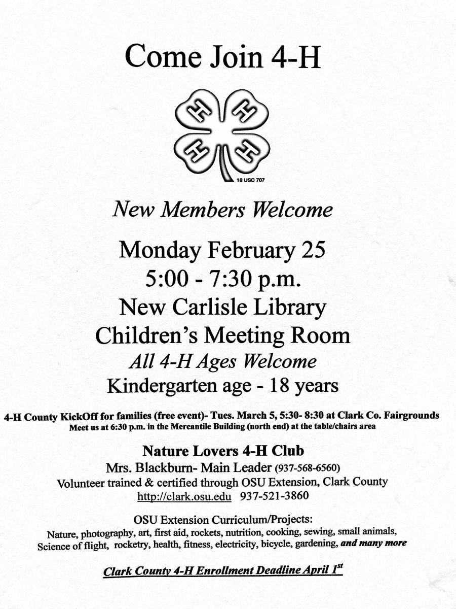 Information about a new 4-H Club forming at the library.  Call 845-3601 for more information.